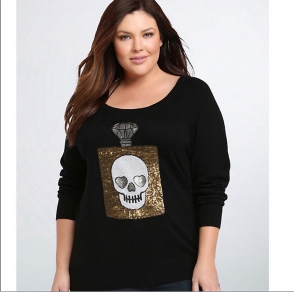 Torrid 1X Skull Perfume Sequin Black Long Sleeve Sweater Goth Witchy - Picture 2 of 7